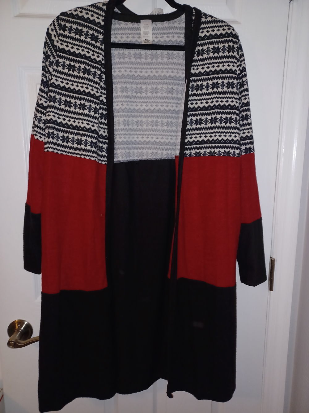 Boutique Black & Red Long Open Cardigan with Nordic Pattern
